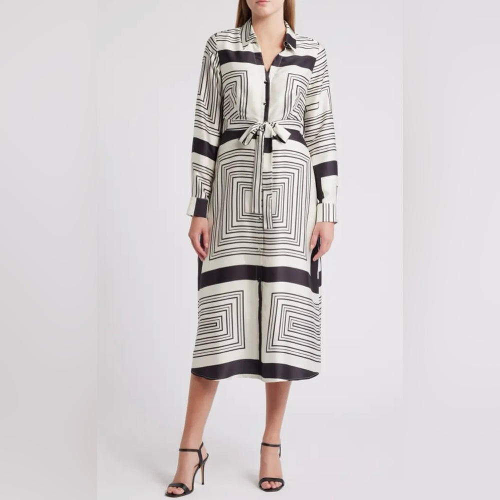 EUC Geo Print Long Sleeve Satin Midi Dress size small